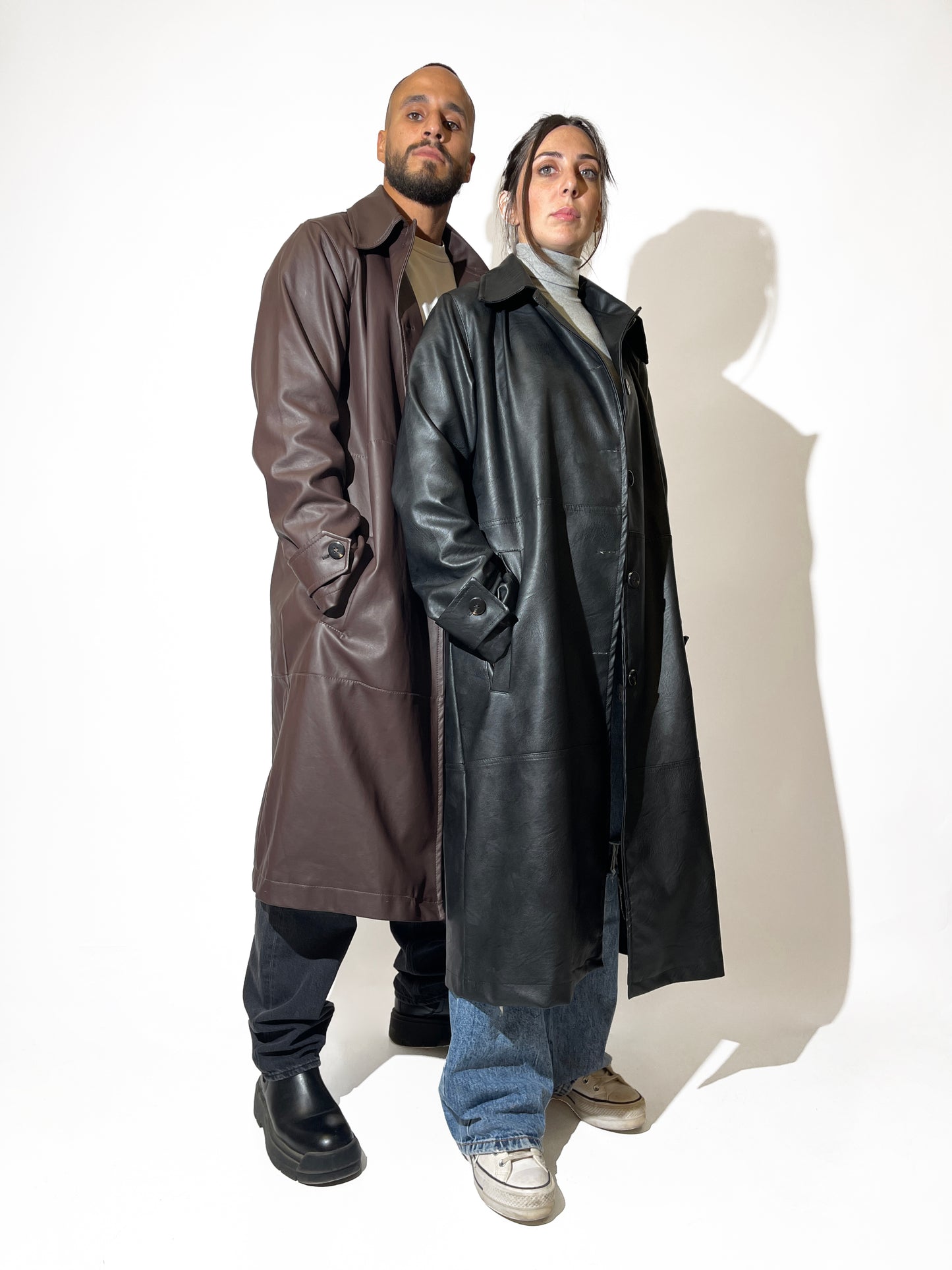 subcltr. faux leather longline coat in Brown