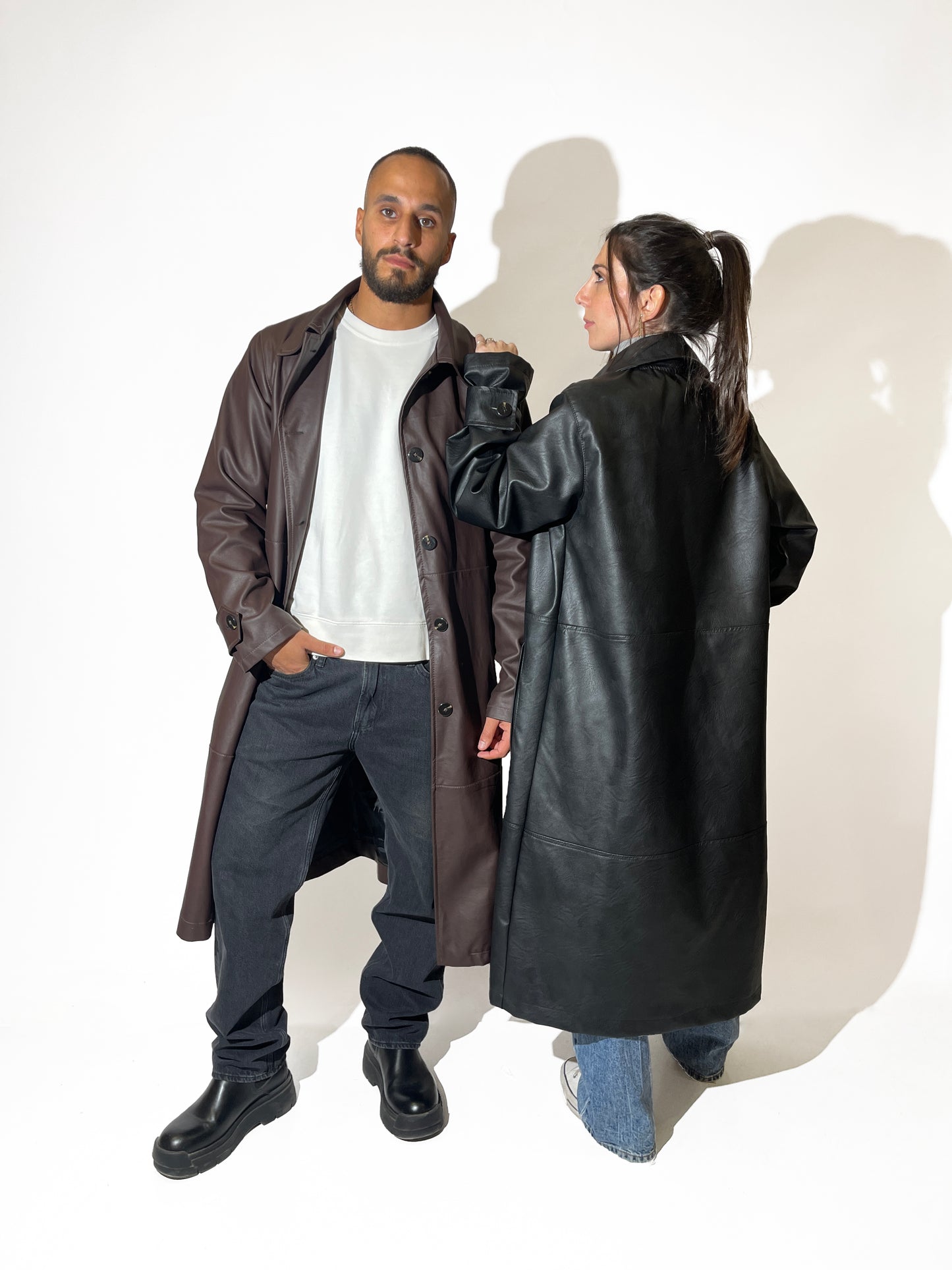 subcltr. faux leather longline coat in Brown